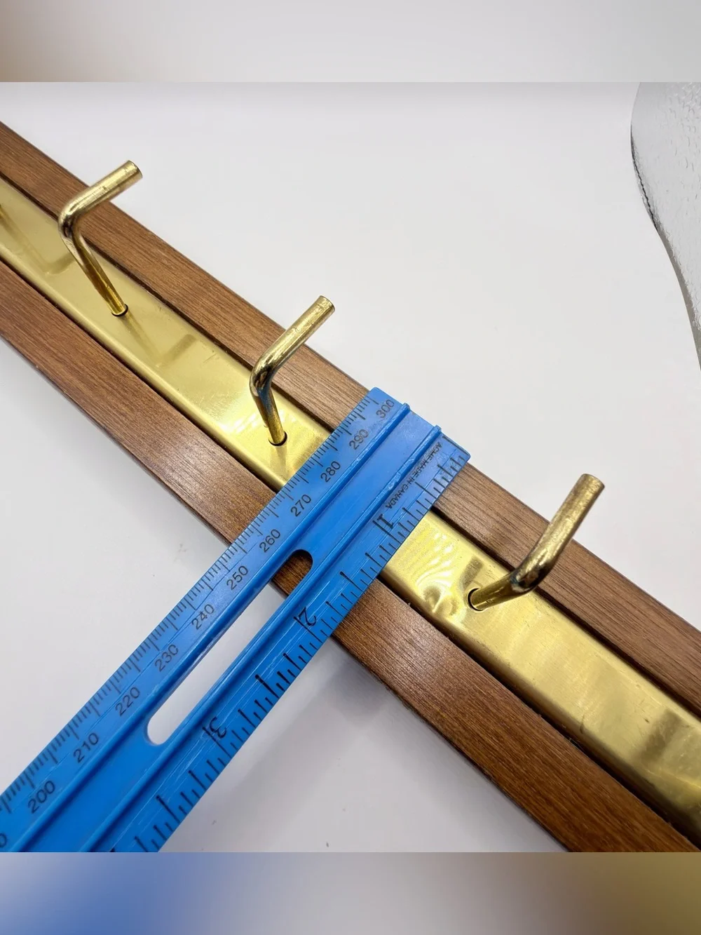 Vintage Wood and Brass 6 Hook Wall Rack - Brown and Gold sliding mount